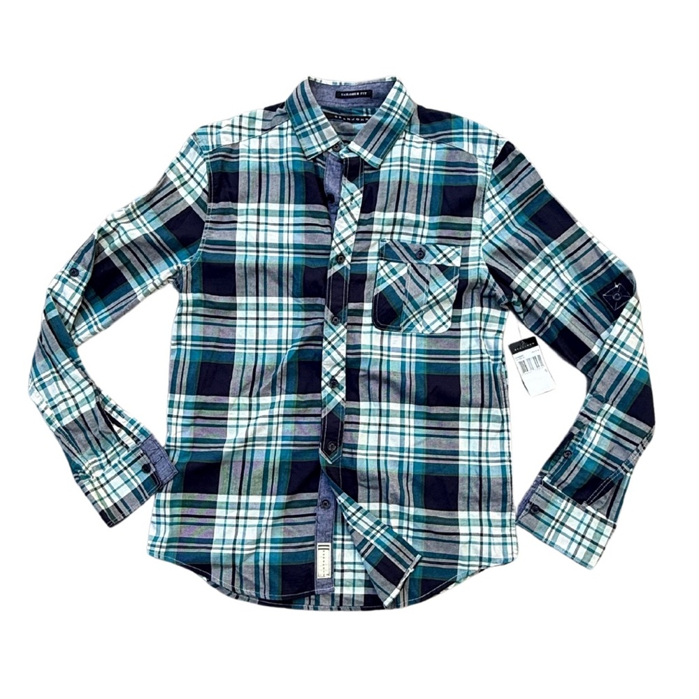 Sean Jean Long Sleve Button Up Shirt Tailored  - Size S - Blue/White Plaid - NWT